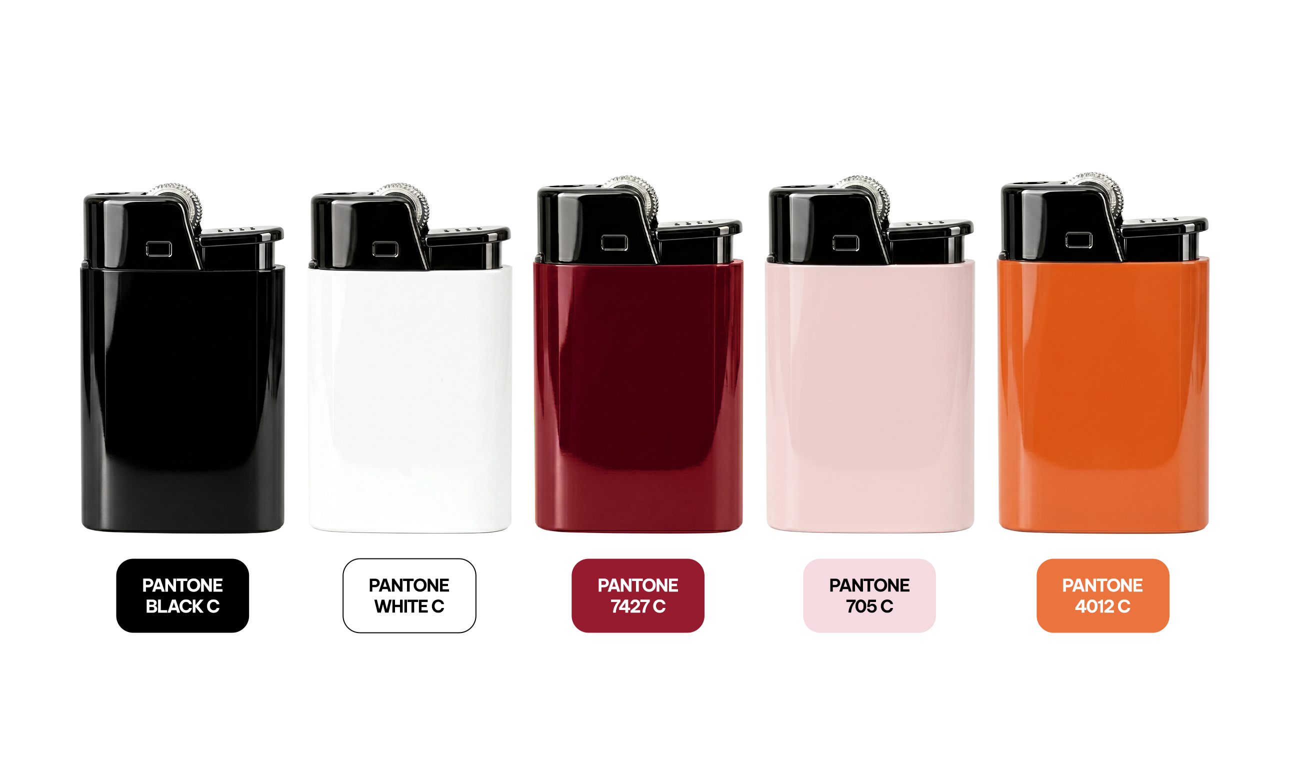 Original iFlame colour options in Pantone Black C, White C, 7427 C, 705 C and 4012 C